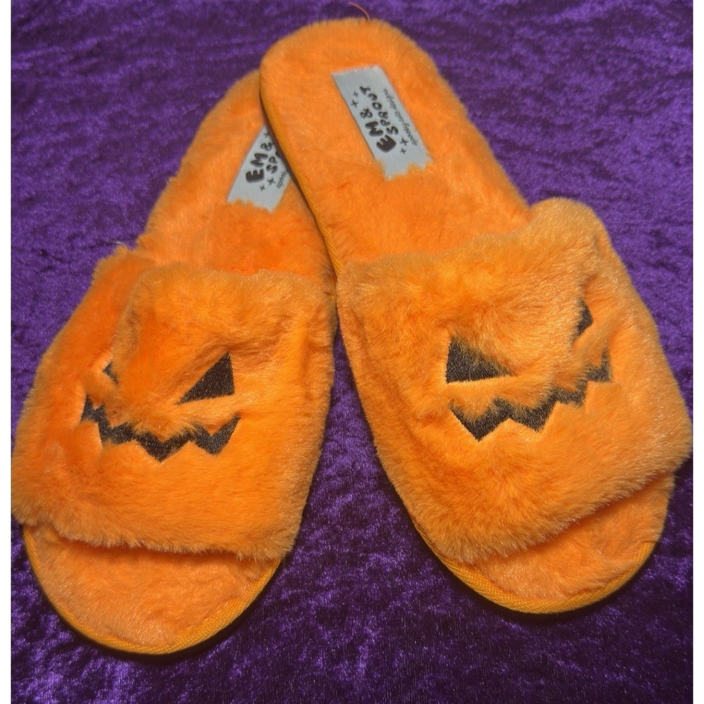 Em & Sprout Slippers Jack O Lantern 9‎ Slides Orange Halloween Shoes Summerween